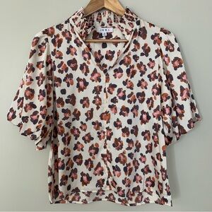 Women’s THML Blouse Silky Leopard Print Ruffle Neck Flowy Puffy Sleeves  XS